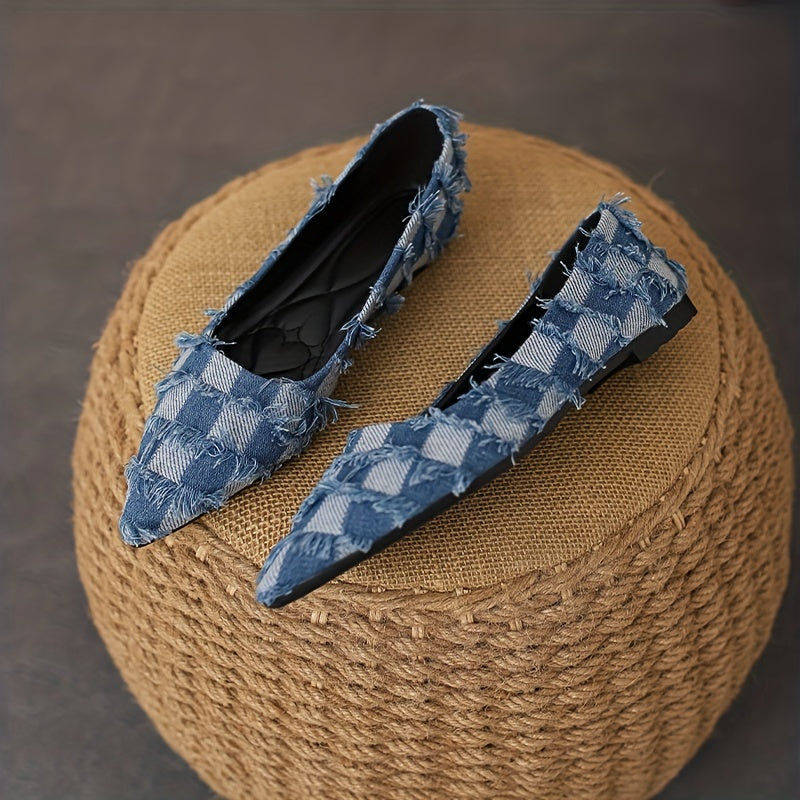 Women's Plaid Pattern Denim Flat Shoes Casual Point Toe Tassel Detail Shoes