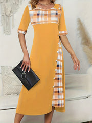 Plaid Print Button Decor Short Sleeve Dress With Pockets