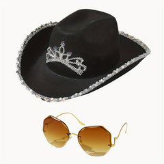 Y2K Cowgirl Hat Glasses Set Crown Fedora Cap