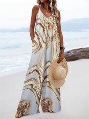 Marble Print Wide Leg Spaghetti Jumpsuit Sleeveless Casual Jumpsuit