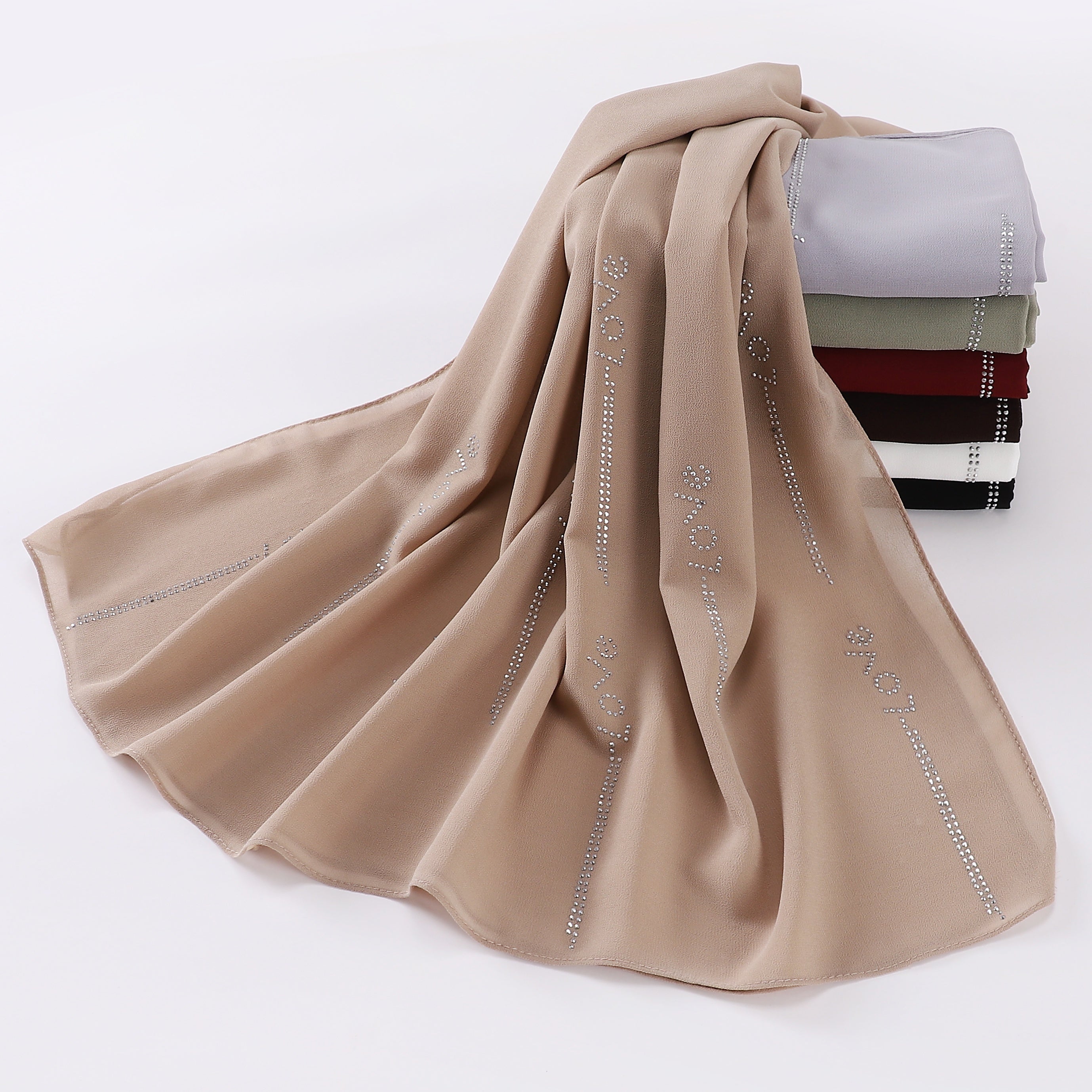 Rhinestone Chiffon Hijab Solid Long Scarf Casual Shawl Head Wrap Bandana
