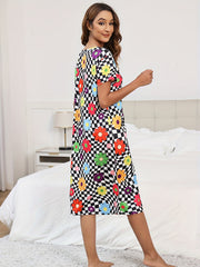 Flower Print Plaid Lounge Dresses & Comfy Short Sleeve Home Dress
