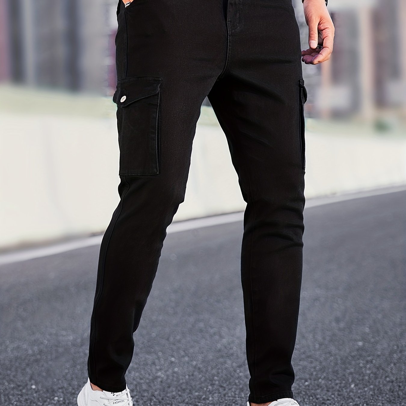 Slim Fit Cargo Jeans Mens Casual Pocket Solid Mid Stretch Jeans