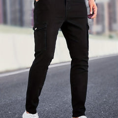 Slim Fit Cargo Jeans Mens Casual Pocket Solid Mid Stretch Jeans