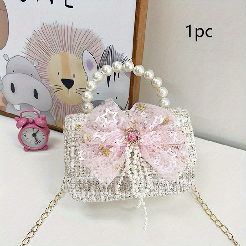 High-end Kids Crossbody Bag w/ Bow & Pearl Handle Single Shoulder Bag