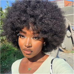 Short Afro Kinky Curly Wig With Bangs Brazilian Virgin Human Hair Wigs For Women