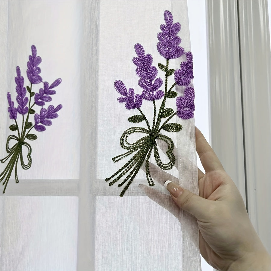 Embroidered Curtain Purple Lavender Flower Tulle Sheer Curtain