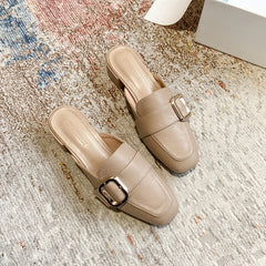 Women's Buckle Belt Flat Mules Square Toe Slip On Slides Sandals