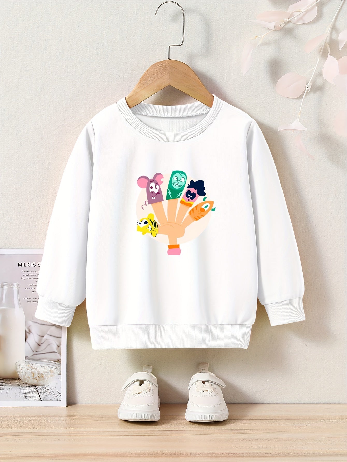 Cartoon Hand And Animals Print Girls Sweatshirt