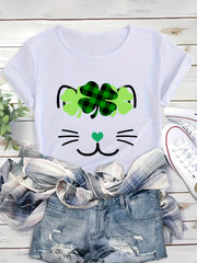 St Patrick's Leaf And Cat Graphic Causal Sports T-shirt Round Neck