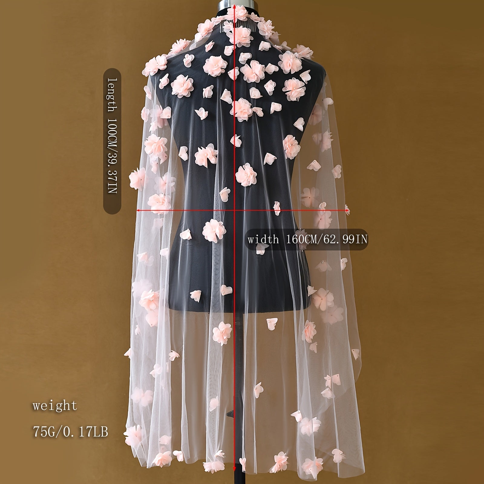 Romantic Lace Bridal Veil with Floral Embroidery & Pink Flowers