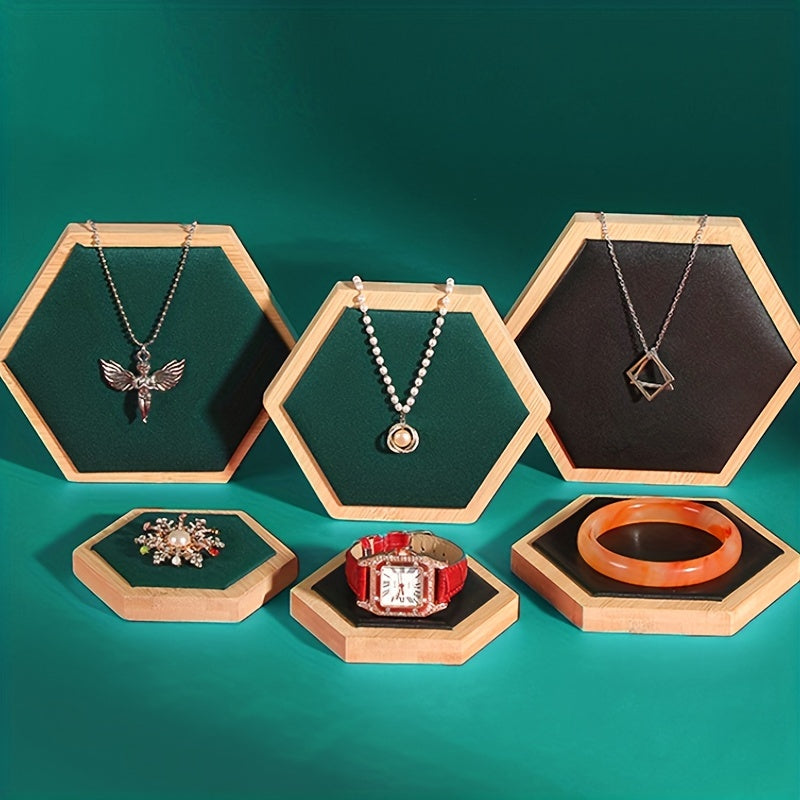 3Pcs Hexagonal Bamboo Jewelry Display Plate & Rack Set