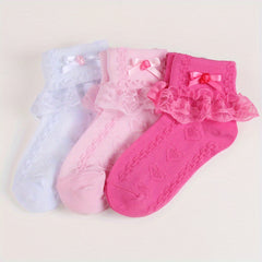 Girls Ruffle Lace Trims Dance Socks - Mesh Thin Crew Socks for Spring
