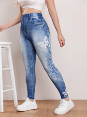 Casual Butterfly & Denim Print High Rise Leggings