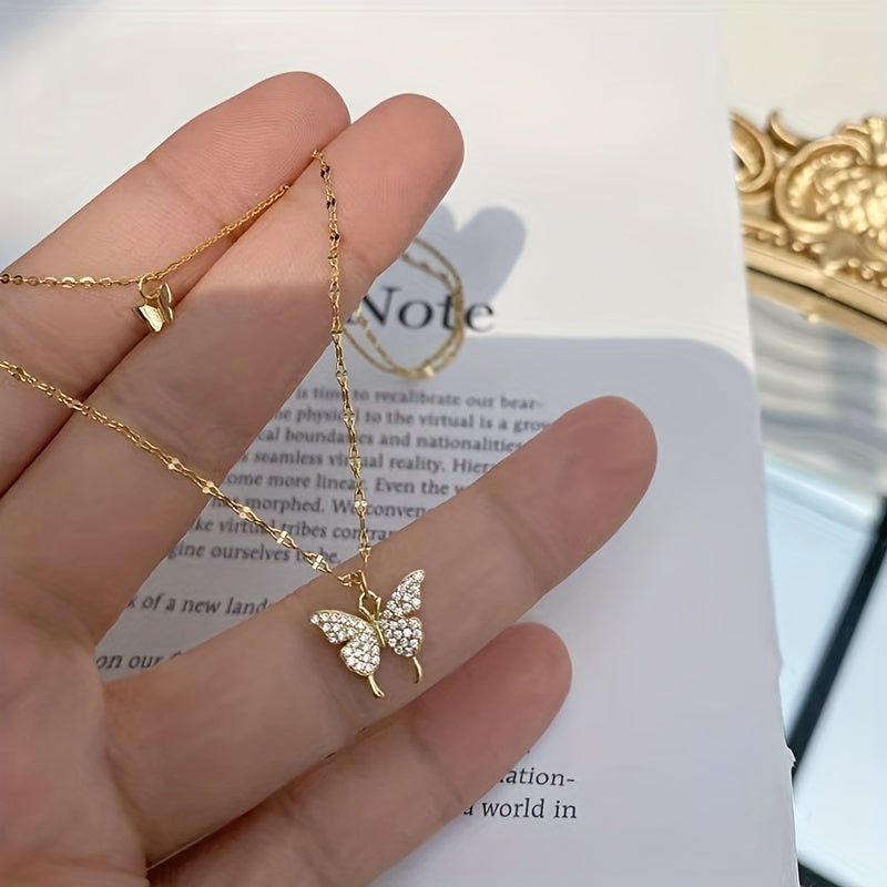 Double Layer Butterfly Pendant Necklace Girls Accessories