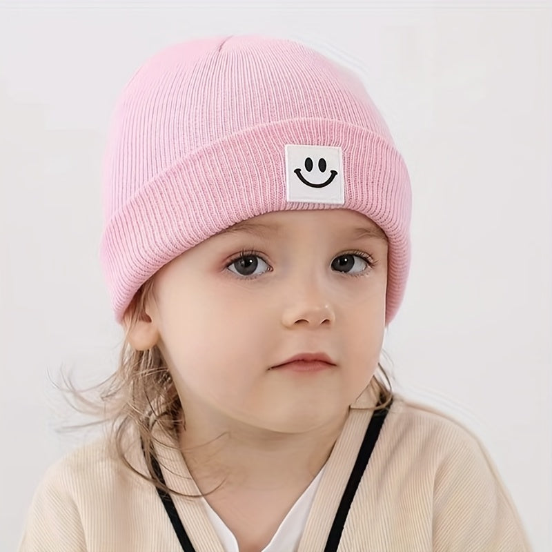Winter Knit Hat with Smiley Face Pattern & Hood for Kids