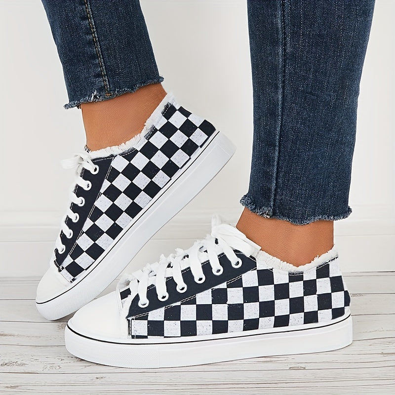 Women's Plaid Lace Up Canvas Sneakers Lightweight Shoes
