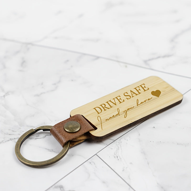 Bamboo Keychain PU Leather Keyring Pendant Family Gift