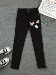 Butterfly Print Stretchy Denim Pants Skinny Jeans