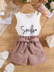 Toddler Girls Letter Smile Heart Cut Out Tank Top & Shorts Set