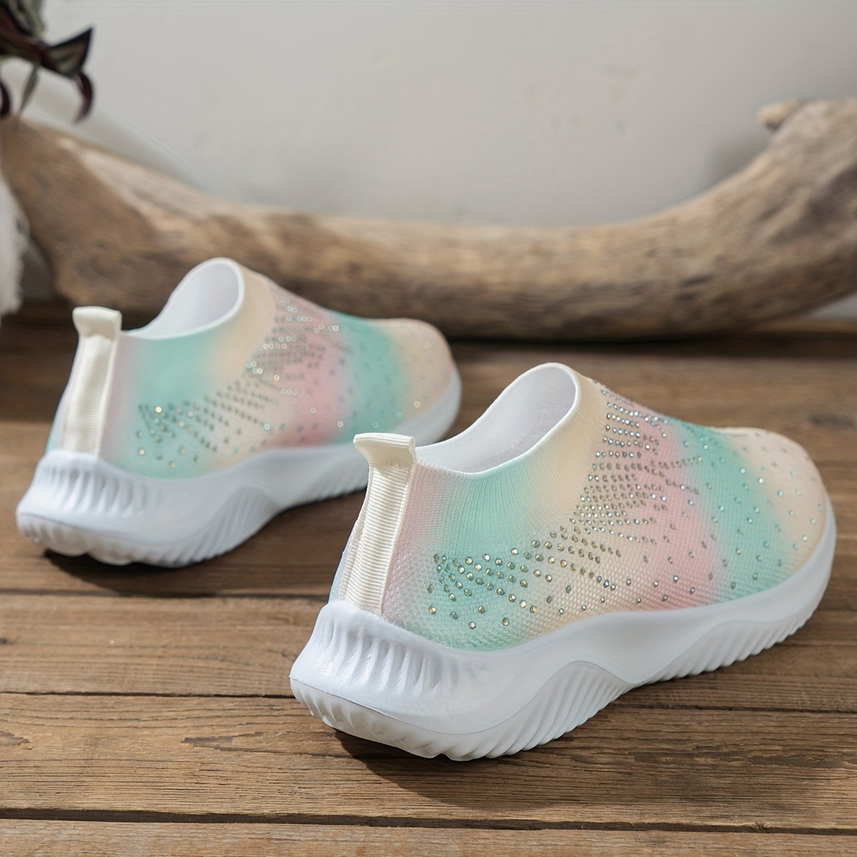 Women's Rhinestone Knit Sock Sneakers Lightweight Slip On Shoes