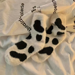 2 Pairs Cartoon Cow Spot Socks Warm & Fuzzy Stockings