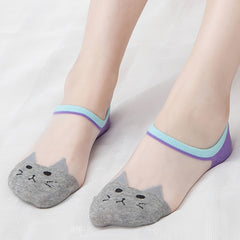 5 Pairs Cat Print Mesh Socks Invisible Ankle Stockings Women's Hosiery