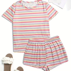 Colorblock Striped Pajama Set Short Sleeve Crew Neck Top & Lounge Shorts