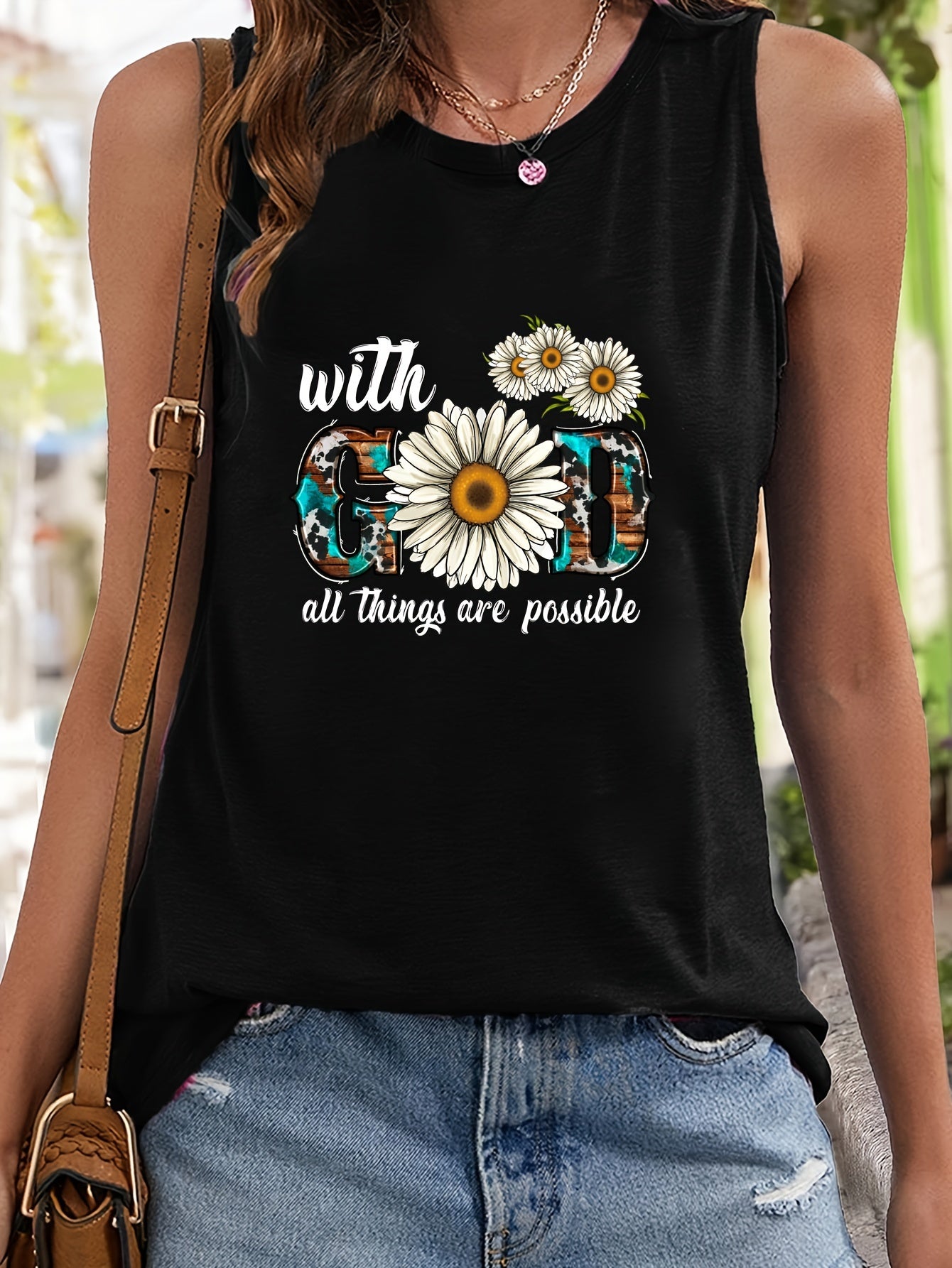 Floral & Letter Print Sleeveless Sports Vest Round Neck Casual Tops