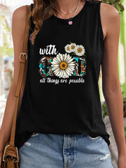 Floral & Letter Print Sleeveless Sports Vest Round Neck Casual Tops
