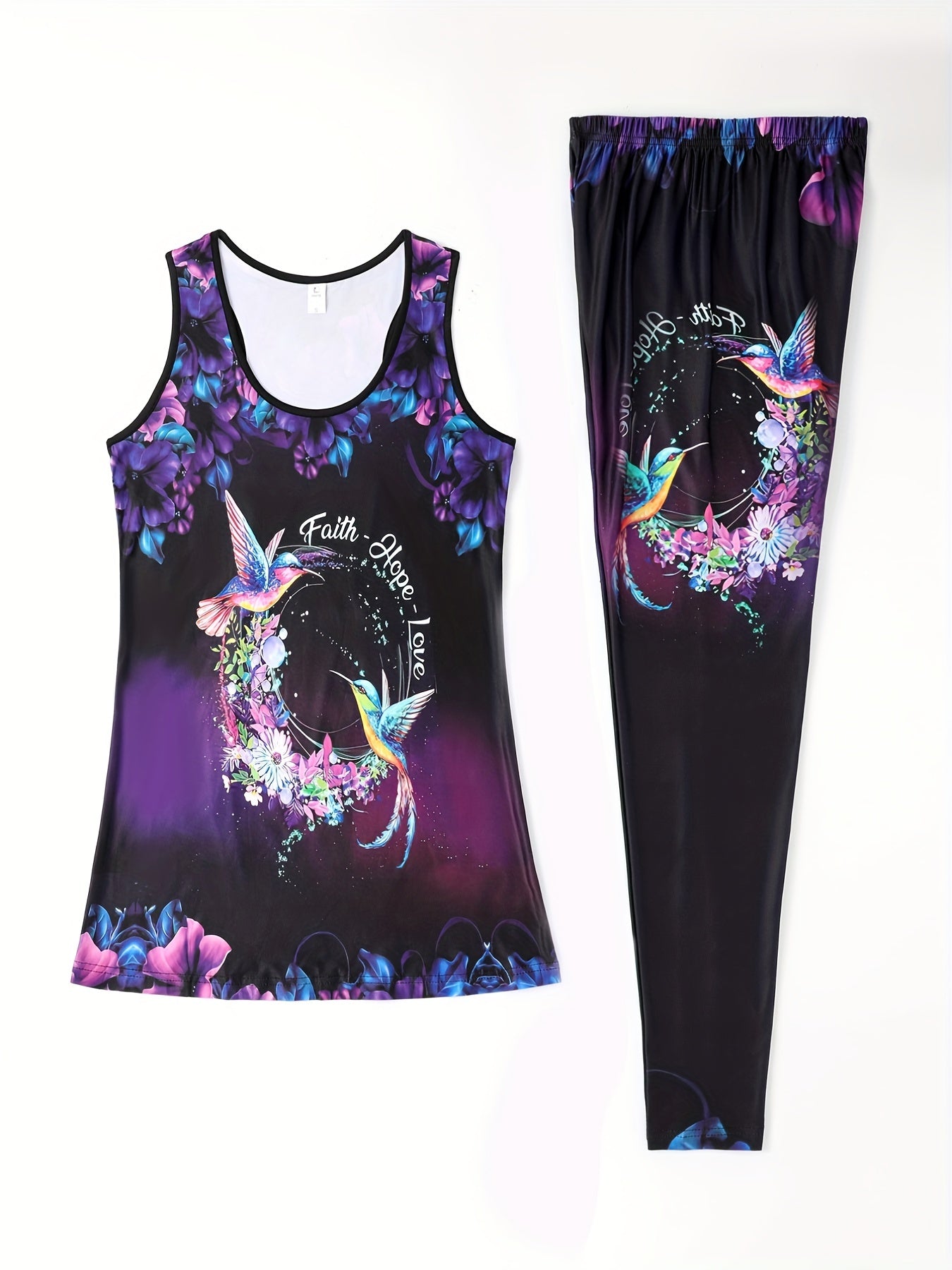 Sunflower Print Fitness Set Sleeveless Tank Top & Leggings Outfit
