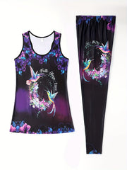 Sunflower Print Fitness Set Sleeveless Tank Top & Leggings Outfit