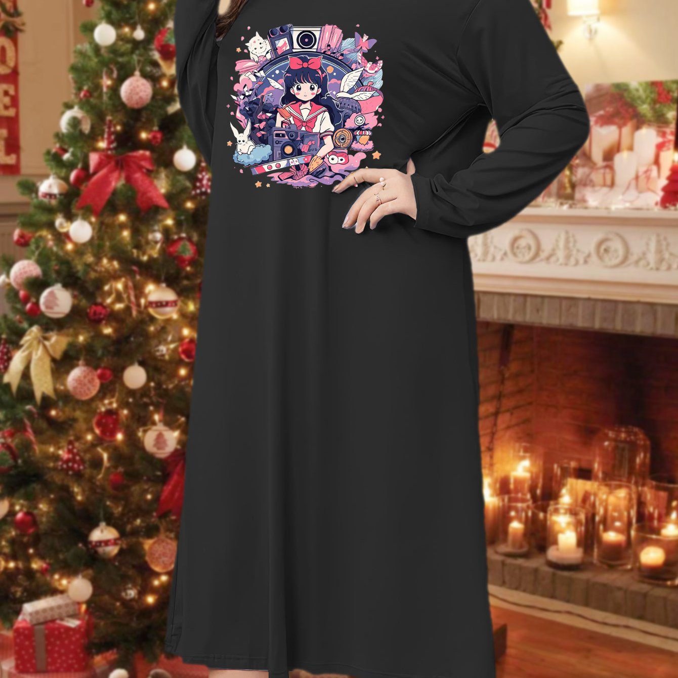 Cartoon Figure & Camera Print Long Sleeve Tee Sleep Dress