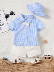 Baby Boys Bow Plaid Shirt Shorts Set With Hat Handsome Outfit