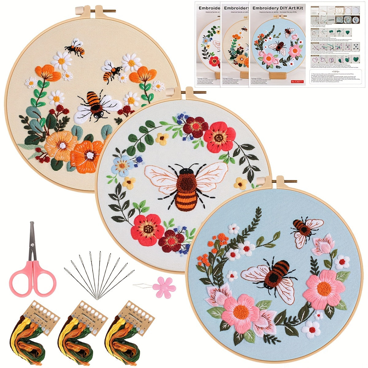 Embroidery Kit Honeybee And Flowers with Hoop 7 9 Inch