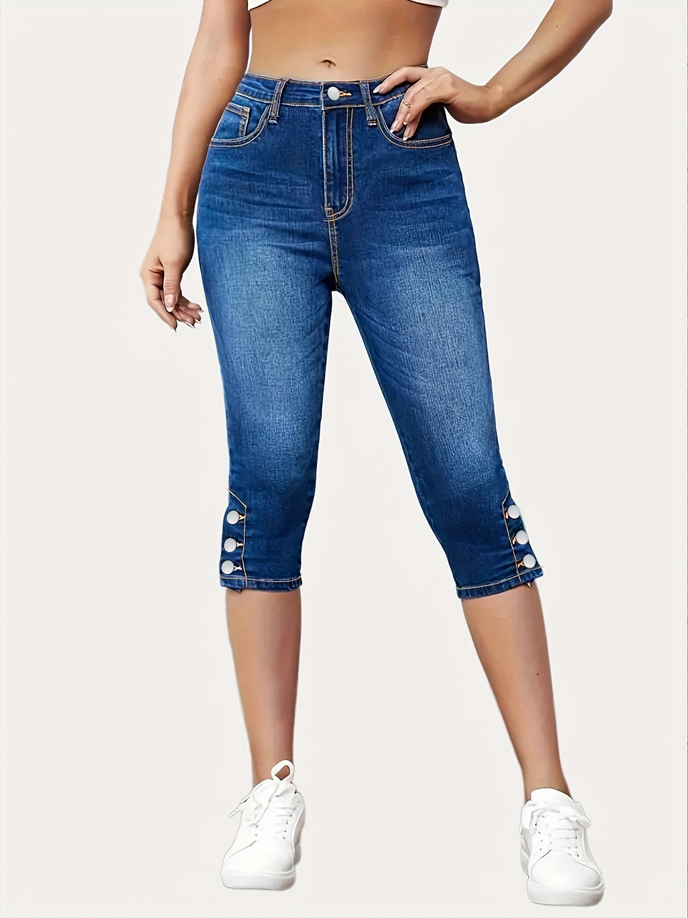 High Waist Capris Denim Jeans Single Breasted Button Slim Fit Casual Denim