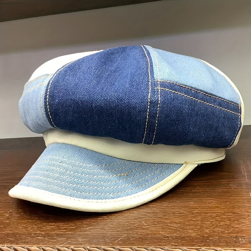 Denim Patchwork Newsboy Hat Classic 8 Panels Cap Unisex Octagonal Cap