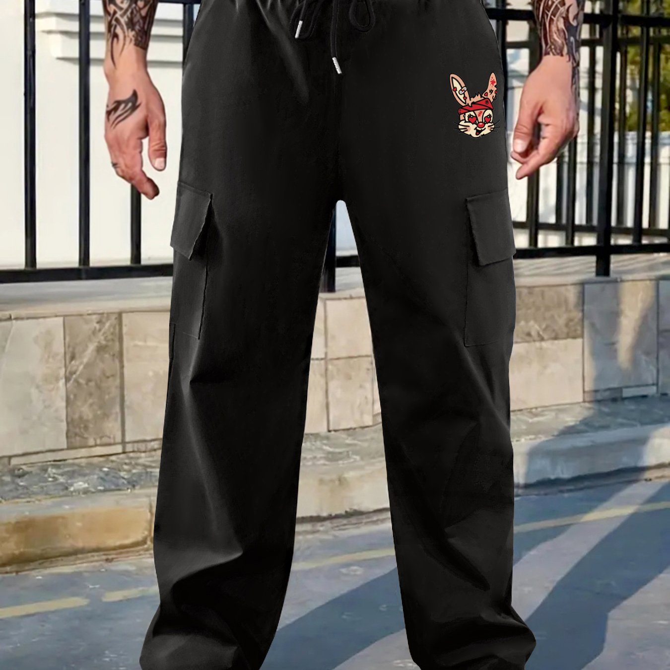 Pattern & Letter Print Straight Leg Cargo Pants