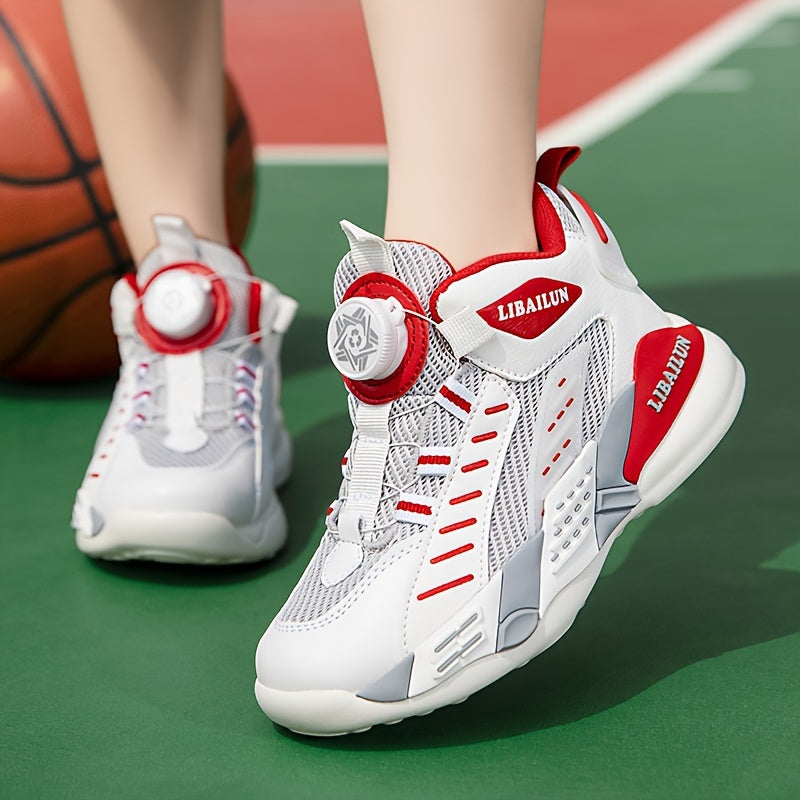 Boy's Basketball Shoes With Rotating Buckle Non Slip Sneakers