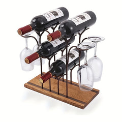 Stylish Tabletop Wine Rack for 4 Bottles and 4 Glasses Wood and Metal Constr