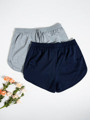 2 Pcs Plus Size Basic Shorts Set - Women's Plus Solid Drawstring Elastic