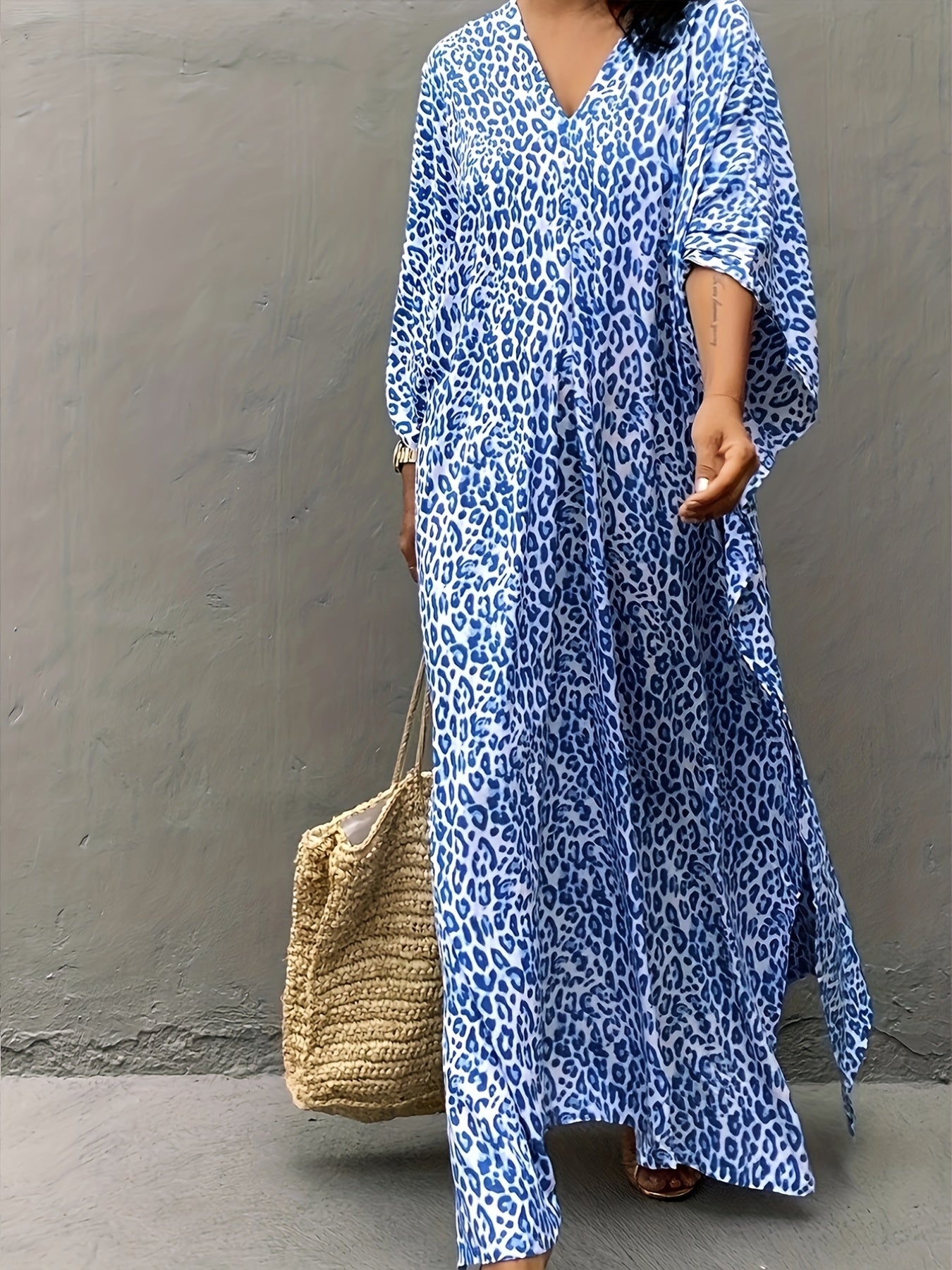 Leopard Print V Neck Split Thigh Kaftan Batwing Half Sleeve Kimono Cover Up