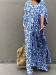 Leopard Print V Neck Split Thigh Kaftan Batwing Half Sleeve Kimono Cover Up