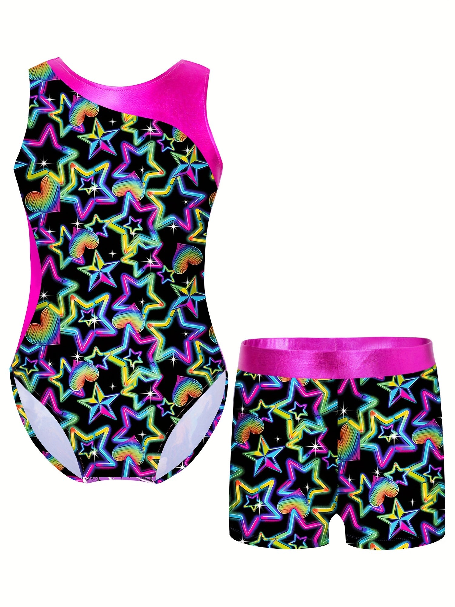 Girls 2pc Gymnastics Training Sets Sleeveless Athletic Jumpsuit & Shorts