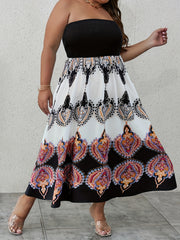 Boho Dress Women's Plus Colorblock Tribal Print Shirred Tube A Line