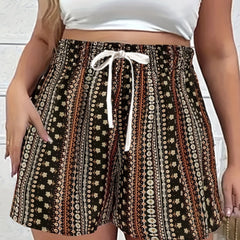Ethnic Floral Print Shorts Boho Drawstring Wide Leg Shorts Women's Clothing