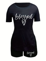 Letter Print Short Sleeve T-shirt & Skinny Shorts Set