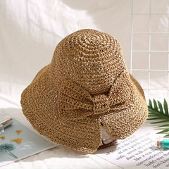 Crochet Straw Sun Hat Wide Brim UV Protection Bucket Hat