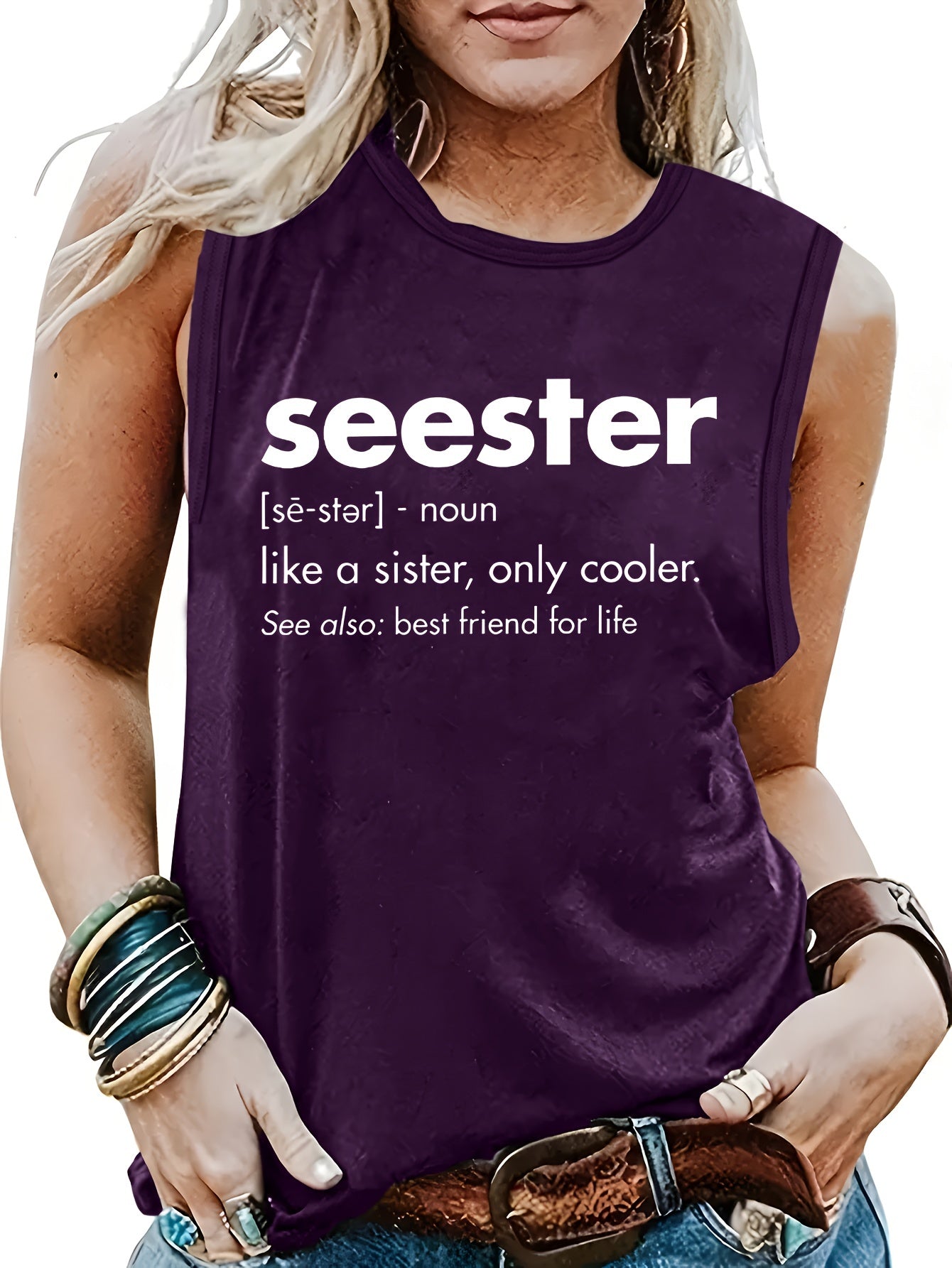 Letter Print Crew Neck Tank Top for Women