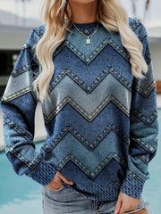 Denim Print Pullover Sweatshirt Long Sleeve Crew Neck Casual Fall Winter